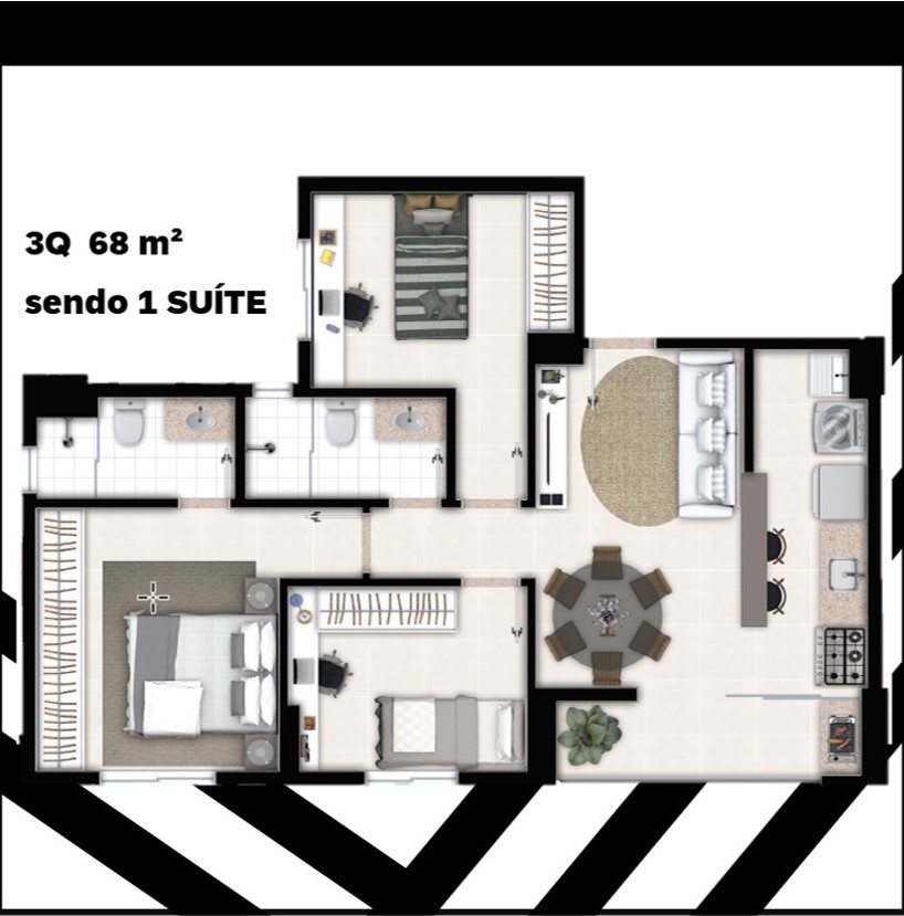 3 quartos 68 m2